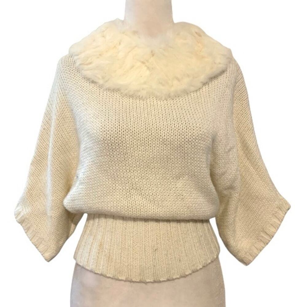Bebe Y2K Cream Fur Collar Sweater Preppy Fitted Waist Small